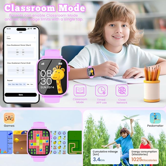 4G Kids Smart Watch GPS Tracker, Smartwatch for Kid with Video Calling, Voice Chat, Class Mode, SOS , Pedometer, Alarm, SIM Card HD Touch Screen Phone Watch Gift for 4-12 Girls Boys (Light Purple)