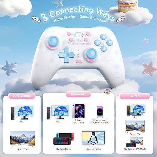 Kuitmor Cinnamoroll Switch Pro Controller, Cute Hall Effect Wireless Gamepad No Drift for Switch 2/Switch/OLED/Lite, PC/Steam, Android, iOS, Bluetooth + Wired, Turbo, Back Buttons, 6-Aixs Gyro, Wake-up, RGB (Blue, Without 2.4g Receiver)