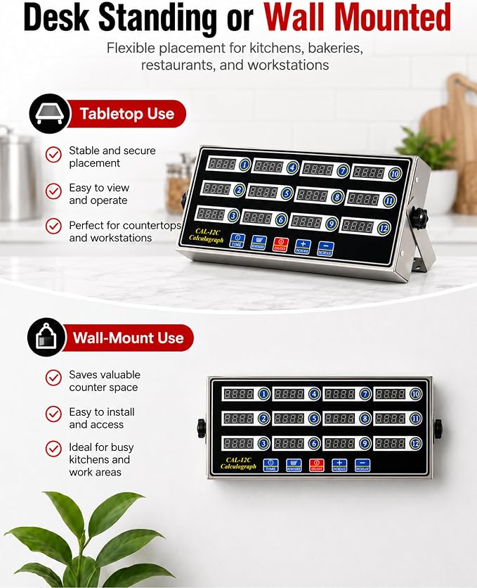 Commercial 12 Channels Digital Kitchen Timer, Stainless Steel Calculagraph Timer with Loud Alarm for Restaurant, Clock Reminder on Multiple Events