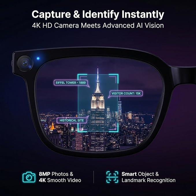 AI Smart Glasses with Camer, Bluetooth Glasses with 4K HD Video & 164+ Language Real-Time Translation Built-in ChatGPT, 8-Hour Battery IP67 Waterproof for Men and Women Outdoor Activities