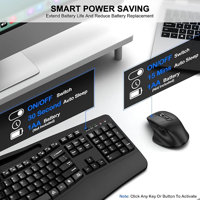 Wireless Keyboard and Mouse Combo, 2.4G Full Size Wave Keys Ergonomic Keyboard with Wrist Rest, Phone Holder, 3-Level DPI Adjustable Wireless Ergonomic Mouse for Windows, Mac Desktop/Laptop/PC(Black)