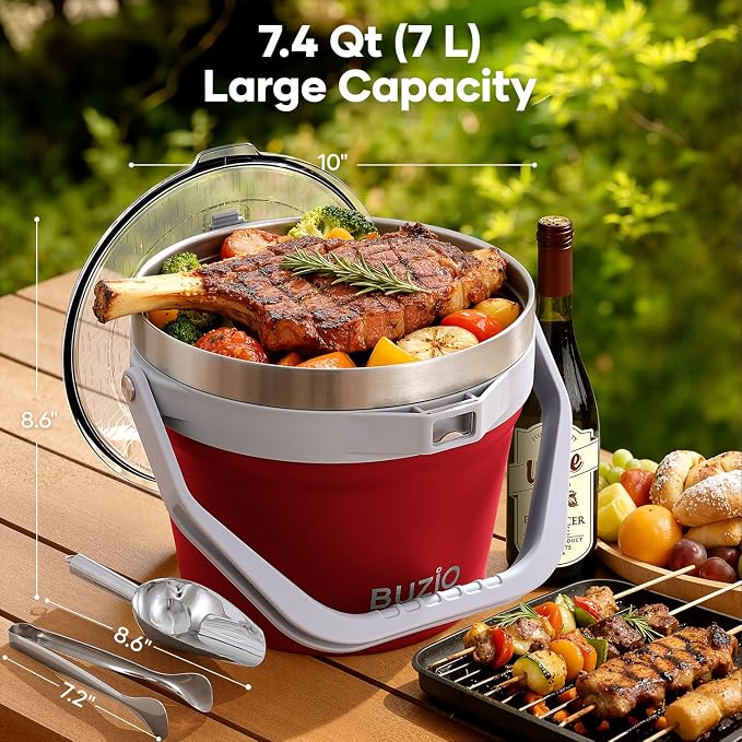 BUZIO 7 L Insulated Ice Bucket with Lid and Scoop & Tongs, Double Wall Large Ice Buckets for Parties Cocktail Bar Champagne, Holds 6 Longnecks or 3 Wine Bottles, Red