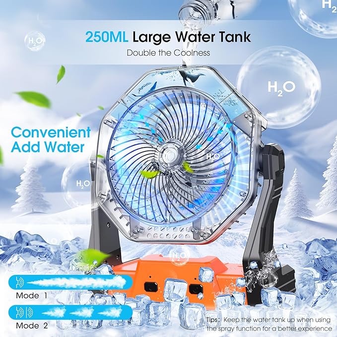 Ausic Misting Fan Portable, [Max 70H Runtime] Outdoor Cooling Camping Fans for Patio, Water Spray Mister Fan with Led Light, Beach Travel Camping Essential, 8 Inch Battery Operated Rechargeable Fan