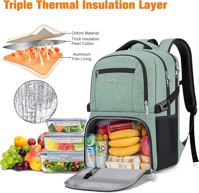 Insulated Lunch Backpack Fit 17" Laptop, Work Backpack with Lunch Box for Men & Women, Water Resistant College Computer Bag for Travel, Business, Hiking