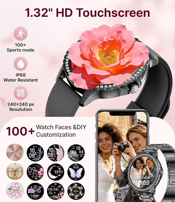 LIGE Smart Watches Women,1.32" HD Diamonds Smart Watch for Android iOS,Bluetooth Call,120+ Sport Modes,Health Tracker,Customized dials,2 Interchangeable Straps