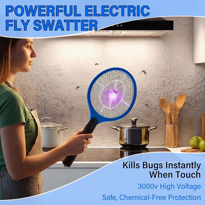 12 Pack Electric Fly Swatter Bulk Bug Zapper Rackets for Indoor Outdoor Insect Control Killer Bat Handheld Mosquito Swatter Battery Powered Electric Bug Killer for Home Patio Camping (Blue)