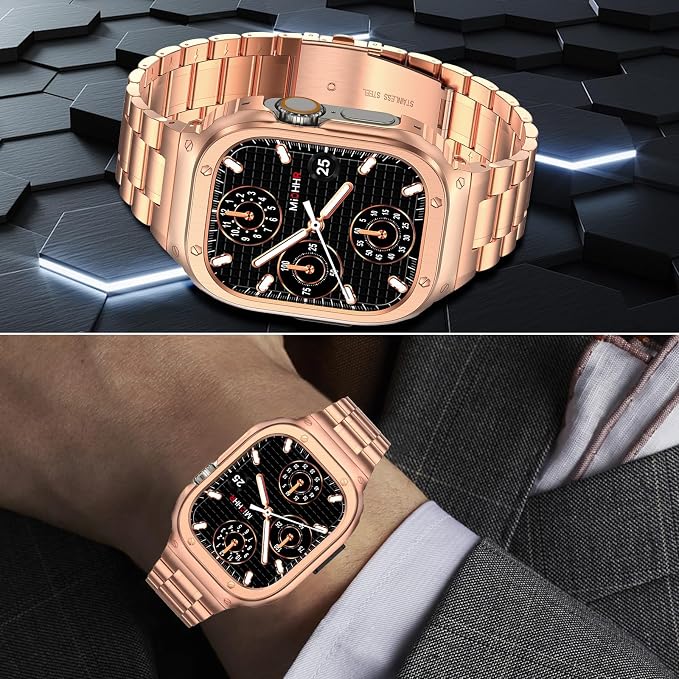 MioHHR Stainless Steel Watch Band with Case Compatible with Apple Watch Series Ultra3 2 1(49mm),Rugged Strap with Metal Protective Bumper Cover for iWatch Band Men(Rose Gold)