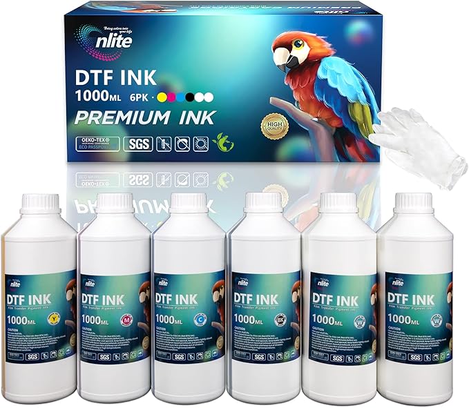 Enlite Premium DTF Ink 1000ML Value Pack, Water-Base Digital Inkjet Ink Refill for Direct to Film Printers with Printhead L1800 L805 R1390 4720 I3200 XP600 DX7 DX5 5113, 6-Pack（2W-1BK-1C-1M-1Y）