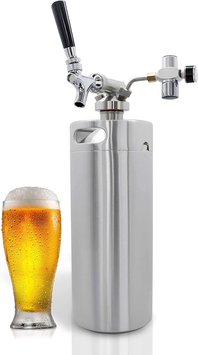 NutriChef Pressurized Growler Tap System - 128oz Stainless Steel Homebrew Mini Keg Dispenser Portable Kegerator Kit - Co2 Pressure Regulator Keeps Carbonation for Craft Beer, Draft -