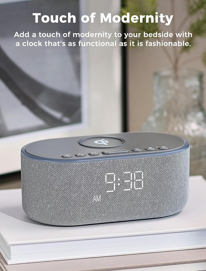 Odokee Wireless Charging Alarm Clock Radio: Qi Certified Fast Wireless Charger for iPhone Samsung - 10W Stereo Bluetooth Speaker - Dimmable Digital Clock with FM Radio for Bedroom Gray