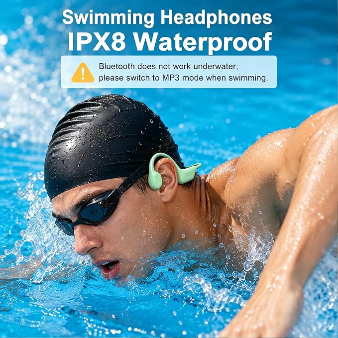 Swimming Headphones Underwater, Bone Conduction Swimming Headphones IPX8 Waterproof Open Ear Headphones with 32GB Built-in MP3, Bluetooth 6.0 Dual Mode, Dual Device Pairing, Magnetic Charging(Green