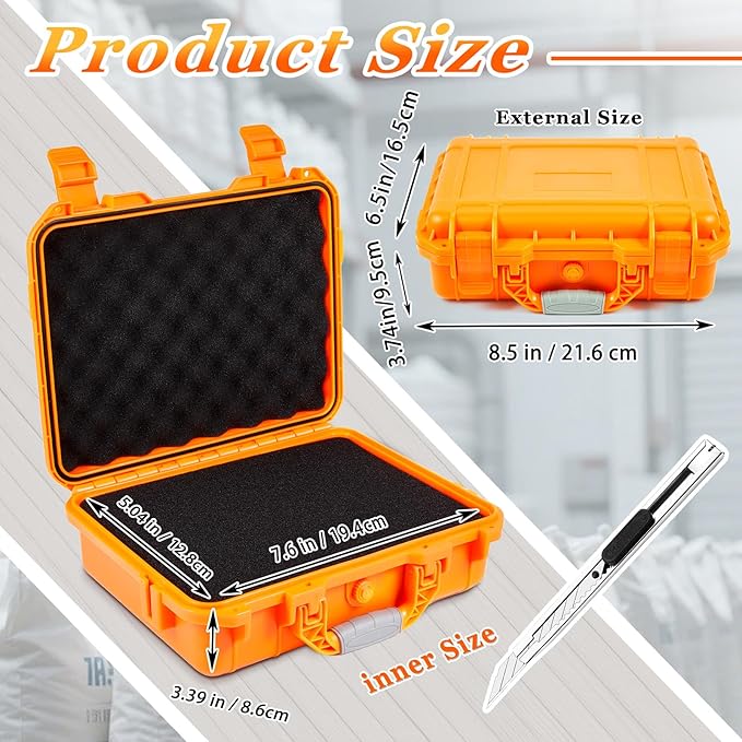 Relaxweex 1 Pcs Waterproof Hard Case with DIY Customizable Foam Insert Portable Protective Case with Knife for Camera Drones Equipments Tools Test Instruments(Orange,8.5 x 6.5 x 3.7 Inch)