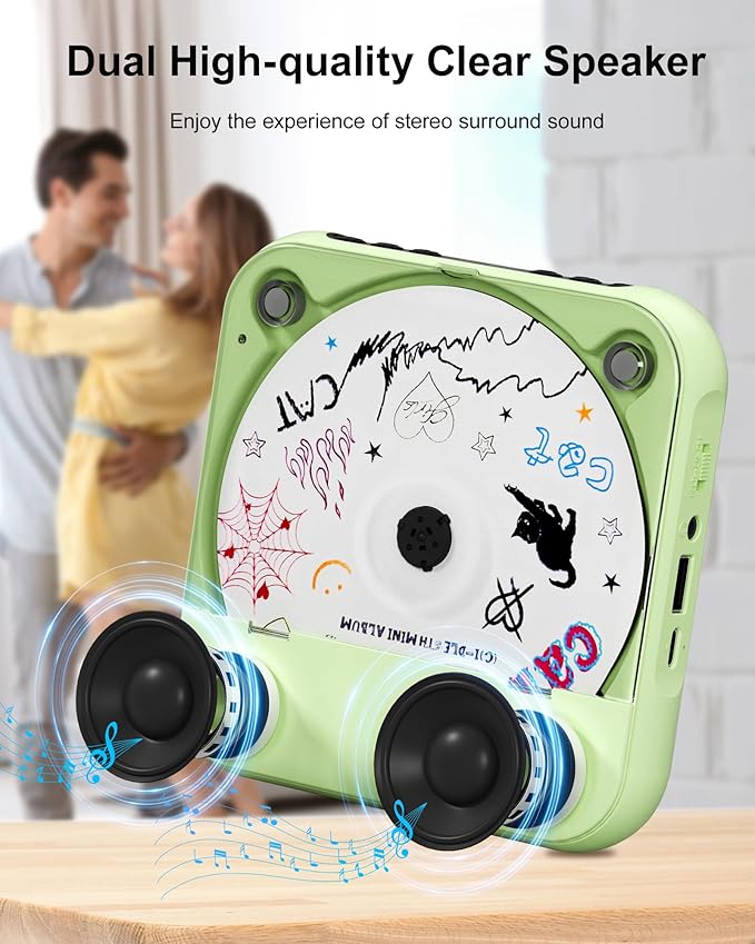 ENVYCLOUD CD Player Portable with Dual Stereo Speakers, Rechargeable Portable Player with Bluetooth for Home with Headphones, Support CD/AUX/USB,Green