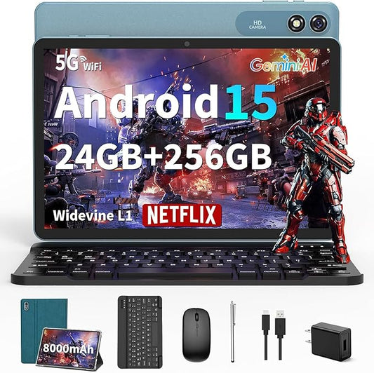 2026 Android tablet 10 inch, Android 15 Tablet with Keyboard, 24GB+256GB+2TB Expand, 2 in 1 Tablets with Gemini AI, 8-Core, 8000mAh, Widevine L1, GMS, Tablets PC with Case, Mouse, Stylus (Green Case)