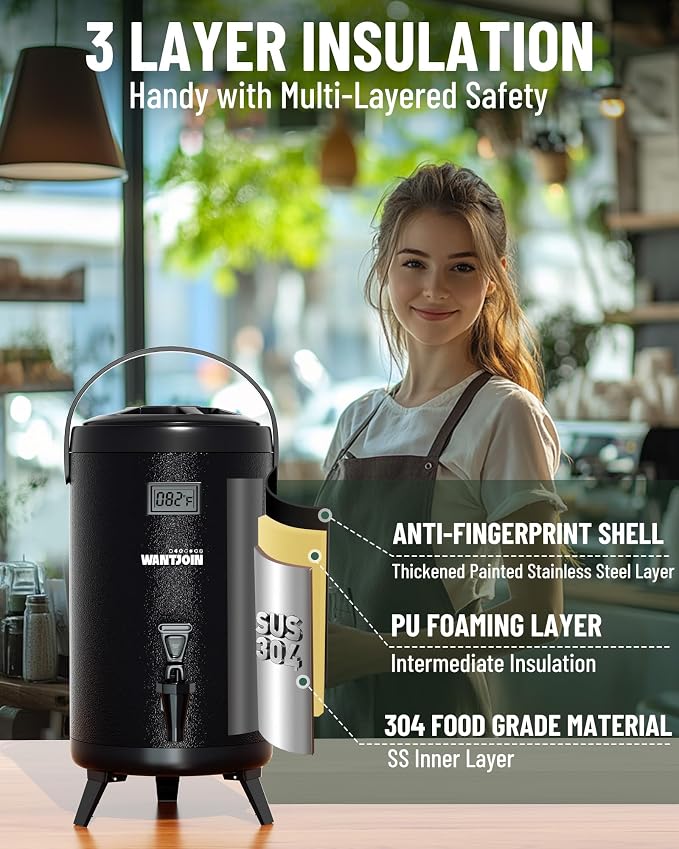 WantJoin Insulated Beverage Dispenser - 1-pack Thermal Hot and Cold Drink Dispenser with Spigot, Stainless Steel Premium 12 L/3.2 Gallon for Coffee & Hot tea,Cold Milk,Water,Juice (Black)
