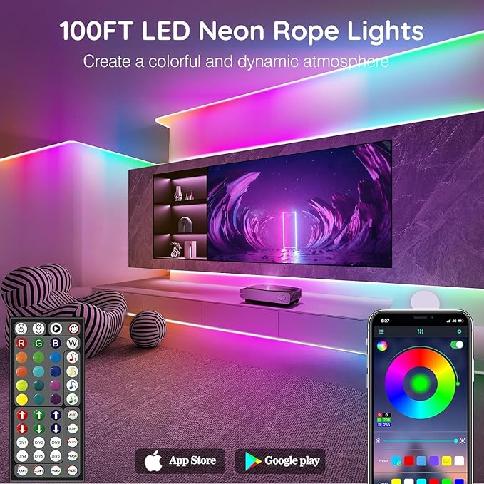 SINLEY Led Neon Rope Lights 100FT,Control with App/Remote,Flexible Led Rope Lights,Multiple Modes,IP68 Outdoor RGB Neon Lights Waterproof,Music Sync Gaming Led Strip Lights for Bedroom Indoor