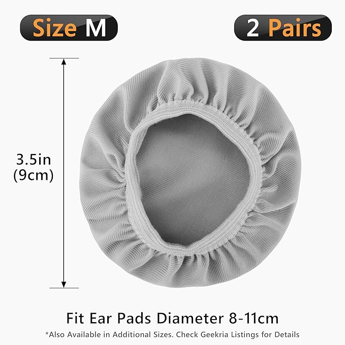Geekria 2 Pairs Flex Fabric Headphones Ear Covers - Product Safety Certified - Washable & Stretchable Earcup Protectors for Over-Ear Headsets, Sweat Pads for Gym, Gaming (Size M/Grey)