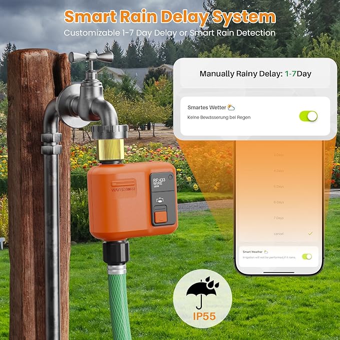 WiFi Water Timer for Garden Hose, Smart Sprinkler Timer with 984ft Long Range, Strong Wall Penetration, APP & Remote Control, Voice Control, Rain Delay, Manual Mode, Watering System (1 Outlet)