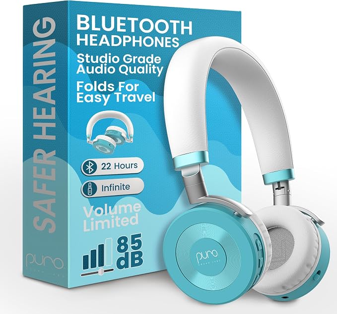Puro Sound Labs JuniorJam Plus Volume-Limiting Wireless Bluetooth Headphones for Kids, Secure Audio with Adjustable On-Ear Design, 22-Hour Battery Life, Ideal for Tablets, Smartphones & PCs - Teal