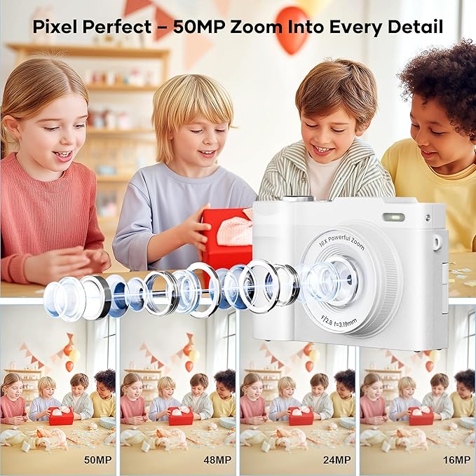 4K Digital Camera for Photography, Small Vlogging Camera with Flip Screen for YouTube, 50MP 16X Zoom, Portable Travel Cameras with 32GB SD Card for Beginners(White)