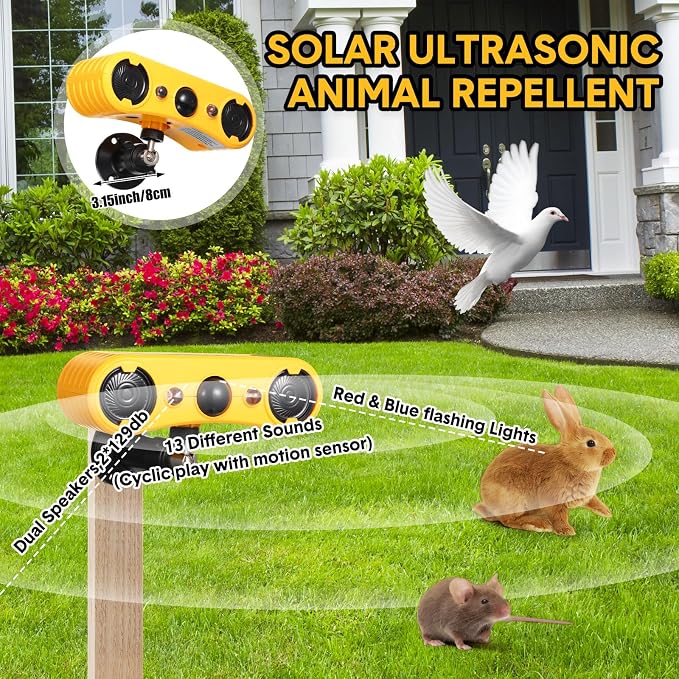 Qualirey Solar Outdoor Motion Sensor Alarm 2 x 129dB Loud Noise Maker 13 Sound Detector Strobe Light, 4 Modes Animal Deterrent Dog Barking Alarm Mount on Ground or Fence for Garden Yard(2 Pack)