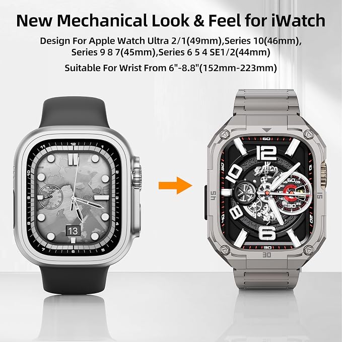 Mechanical Metal Watch Case with Band Compatible with Apple Watch Series 11/10 46mm Band,Rugged Military Stainless Steel Protective Bumper Cover,Tough Business iwatch Band Strap for Men,Titanium