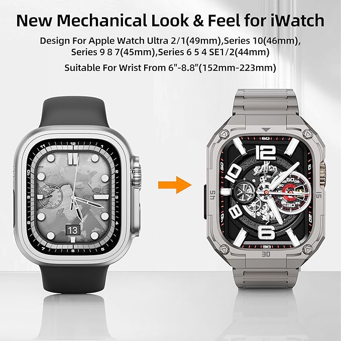 Mechanical Metal Watch Case with Band Compatible with Apple Watch 45mm Band,Business Steel Protective Bumper Cover iwatch Band Strap for Seris 9 8 7 Men,Titanium