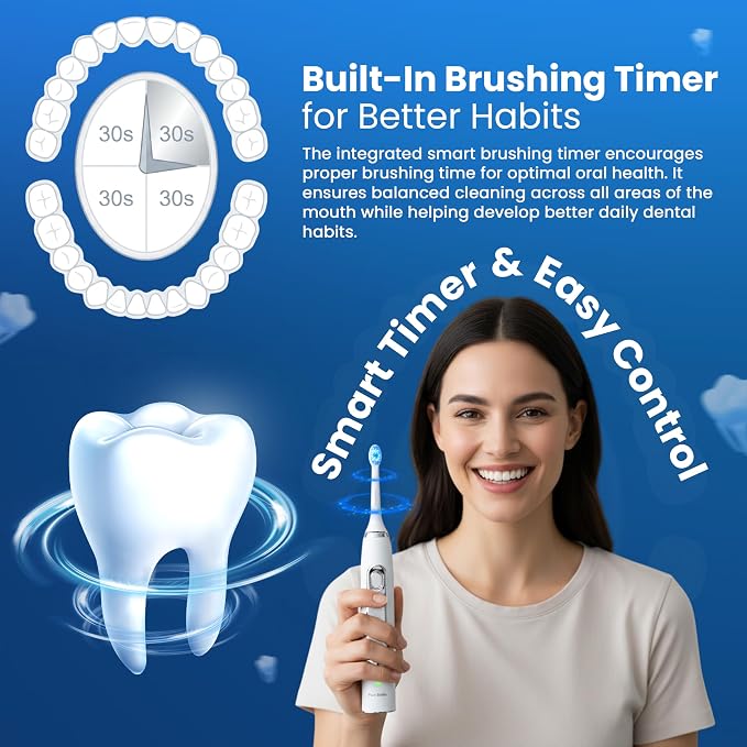Soft Bristle Electric Toothbrush, Rechargeable with Wireless Charging by Puur Smile - 2 (Blue led) Brush Heads for Adults | 4 Cleaning Modes with Smart Timer, IPX7 Waterproof, Long-Lasting Battery