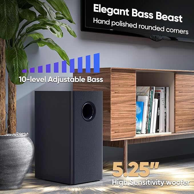 Saiyin Sound Bar for Smart TV with Subwoofer, 100W Detachable Soundbar Home Theater Surround Sound System for TV with Horn Tweeter, Adjustable Bass and HDMI-ARC/Bluetooth Optical/AUX/Connection