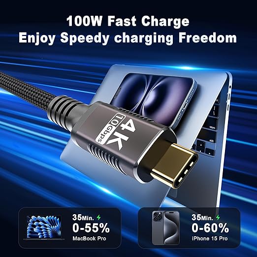 USBC Cable 3.3FT Compatible with Thunderbolt 3,USB C 3.1 Gen 1 Cable 10Gbps Data Transfer,4K@60Hz/2K@120Hz Video Output Monitor Cord,Type-C Nylon Braided PD3.0 100W Fast Charging.