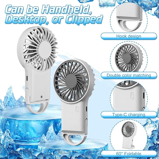 VIHOSE 4 Pcs Portable Hanging Fan, 3 Speeds Personal Rechargeable Desk Hand Held Small Fan with D Metal Hook for Cooling Small Personal Hands Outdoor Travel (White)