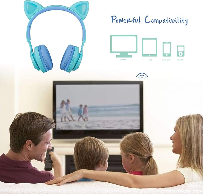 Riwbox Kids Headphones, CT-7S Cat Ear Bluetooth Headphones with LED Light, 85dB Volume Limiting, Over Ear with Microphone for Laptop/PC/TV (Blue & Green)