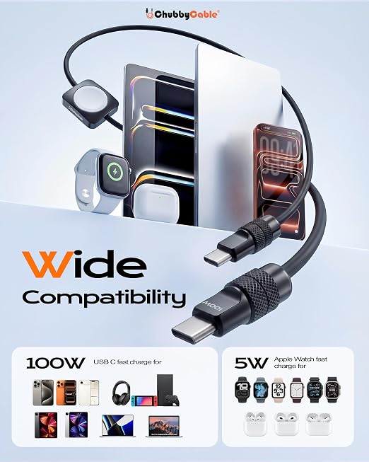 chubbycable Solo-Flex 2-in-1 USB-C Cable with Apple Watch Charger, Built-in 5W Magnetic Charger for Apple Watch, 100W Fast Charging, 4FT Thick Silicone Cable, Black