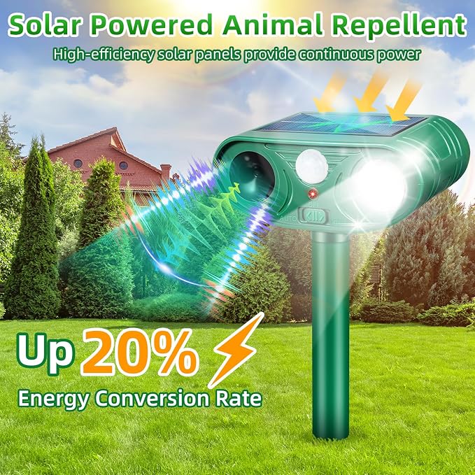 2026 Solar Ultrasonic Animal Repellent IP65 Waterproof Deer Repellent Devices Motion Activated Cat Deterrent Outdoor with Flash Light to Keep Squirrel Rabbit Raccoon Out of Garden & Yard, 4 Pack