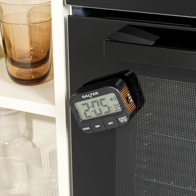 Salter Kitchen Digital Display Count up or Countdown Timer, Adjustable Loud Beeper, Large Start/Stop Button, Memory Function, Magnetic or Self Standing-Black, Plastic