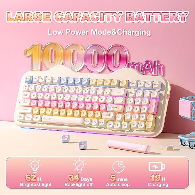 YUNZII C98 Wireless Mechanical Keyboard with Number Pad,99 Key BT5.0/2.4G/USB-C Hot Swap Gasket Mount with PBT MOA Keycaps,Custom RGB,Cute Cake Keyboard for Win/Mac (Beige, Candy Linear Switch)