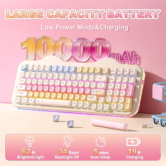 YUNZII C98 Wireless Mechanical Keyboard with Number Pad,99 Key BT5.0/2.4G/USB-C Hot Swap Gasket Mount with PBT MOA Keycaps,Custom RGB,Cute Cake Keyboard for Win/Mac (Beige, Milk V2 Linear Switch)