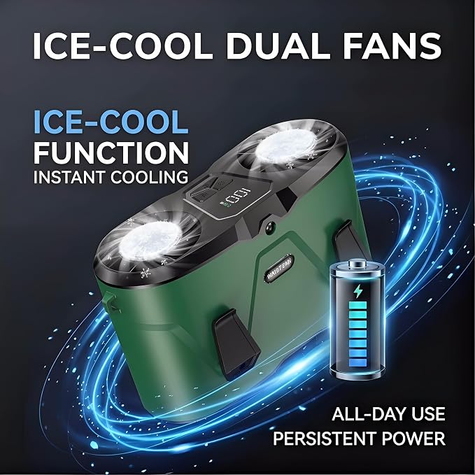 20000mAh Wearable Waist Fan, USB Rechargeable Personal Fan with 10 Wind Speeds, Dual Motors Portable Clip On Fan, Hands Free Cooling Fan for Outdoor Working Camping Travel (Green)
