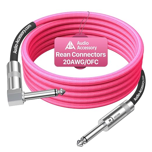 AA AUDIO ACCESSORY Right Angle Guitar Cable 15 ft, Nylon Braided Kevlar-Reinforced, 20AWG 99.99% OFC 1/4 Instrument Cable, Dual Shielded Amp Cord for Fender Electric Guitar,Neon Pink