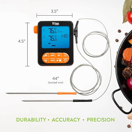 Taylor TruTemp Dual Probe Wired Programmable Meat & Food Thermometer, Digital, Monitor Two Dishes, Baking, Grilling, Roasting, User-Friendly, Backlit, Orange