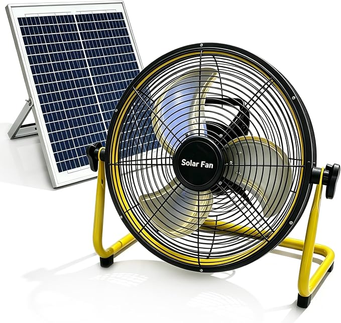 14 Inch Solar Powered Fan,360 Vertical Tilt Rechargeable Floor Fan,for Outside,Travel,Chicken Coop,Dog House,Shed,Greenhouse,Camping,Portable,Quiet