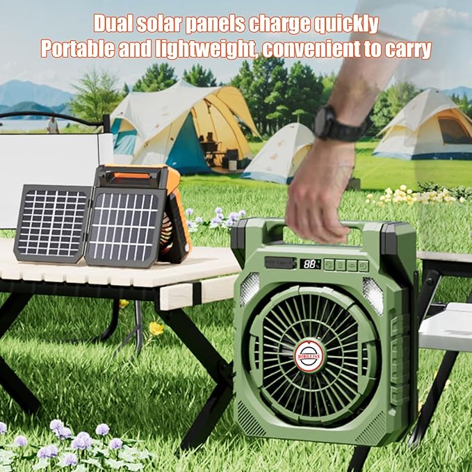 Solar Camping Fan, 25000mAh Dual-Panel Solar Powered Fan with LED Light, Portable Rechargeable Fan with 4 Speeds, 3-in-1 Multi-Function for Camping, Home, Travel & Outdoor Use