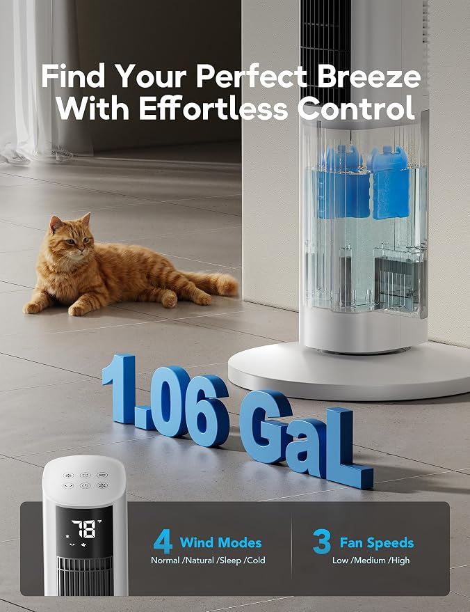 Windowless Portable Air Conditioner, 45.1" Evaporative Air Cooler w/1.06Gal Water Tank & 4 Ice Packs, 12H Timer, 60° Swing, No Hose No Window Needed, 3-IN-1 Quiet AC Unit for Room Bedroom, ivory