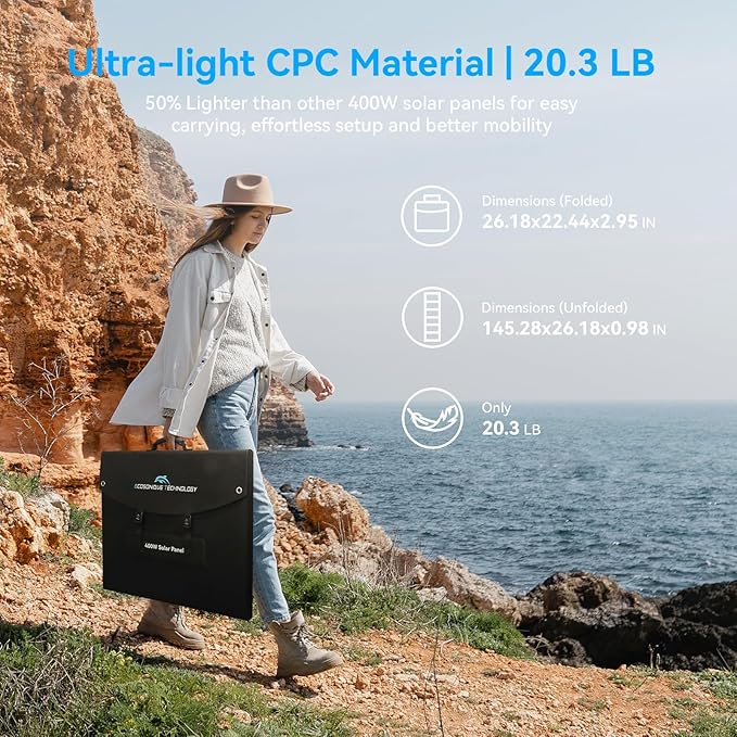 400W Portable Solar Panels CPC Material 3m 40V MC4 Cable & XT60 Anderson DC | Lightweight, Foldable, IP65 Waterproof, Solar Suitcase with Kickstands for Power Station, Generator, RV, Camping, Outdoor Use