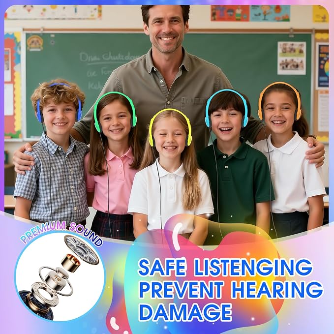 Kids Headphones Bulk 8 Pack for Classroom School Students Children Toddler Boys Girls Teen and Adult(HLY002,8 Colors)
