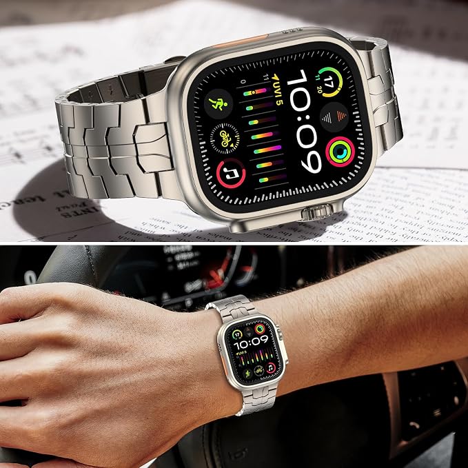 MioHHR Stainless Steel Band Compatible with Apple Watch Band 49mm 46mm 45mm 44mm 42mm(Series 3/2/1), Adjustable Metal Band for Men iWatch Series 10 9 8 7 6 5 4 3 2 1 SE SE2 SE3 Ultra3/2/1, Titanium