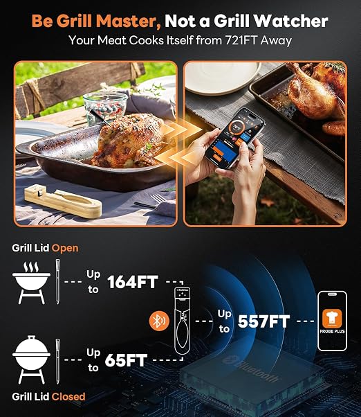 Beelicious Pro Wireless Meat Thermometer–Stable Bluetooth Smart Probe with ±1.8℉ Accuracy, 0.5s Fast Response & Long-Lasting Battery, IP67 Waterproof, App Controlled for Grill, Oven, Air Fryer