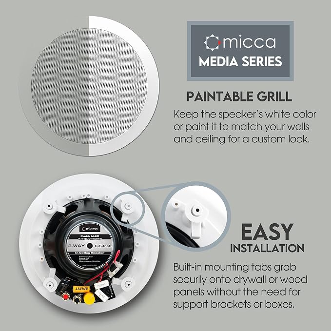 Micca M-6C 2-Way in-Ceiling Round Speaker, 7.6" Cutout Diameter, Whole House Audio, Home Theater, Indoor or Covered Outdoor, 6.5" Woofer, 1" Tweeter, White, Paintable, Each