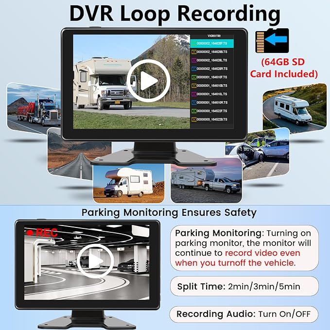 1080P 4-Wired Backup Camera System for Truck/RV Plug and Play, 9" HD Touch DVR Quad Split Monitor 4 Side Rear View Camera, 64GB Card Reverse Camera for Trailer/Tractor/Bus, Waterproof IR Night Vision