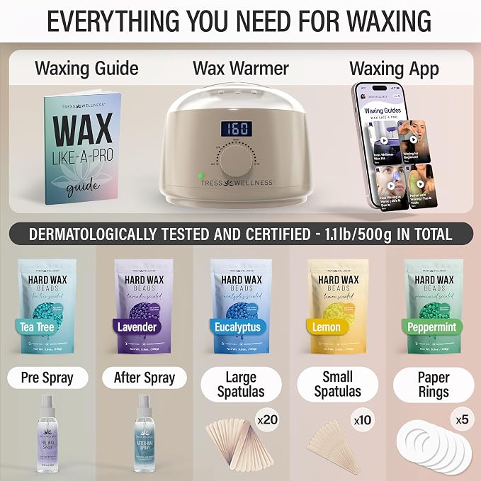 Tress Wellness Award Winning Waxing Kit for Sensitive Skin – Safe for Face & Skin, Easy to Use – At-Home Kit for Face, Bikini, Brazilian & Full Body - Digital Display, Beige
